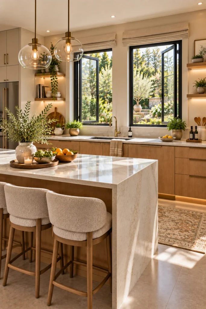 Contemporary kitchen with elegant double casement windows, warm wood cabinets, cream countertops, a modern sink and faucet, integrated lighting, and vibrant natural decor.