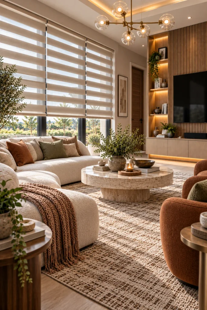 Dual day-and-night blinds in a stylish modern living room combining sheer and opaque panels with contemporary furniture, soft lighting, and luxury decor.