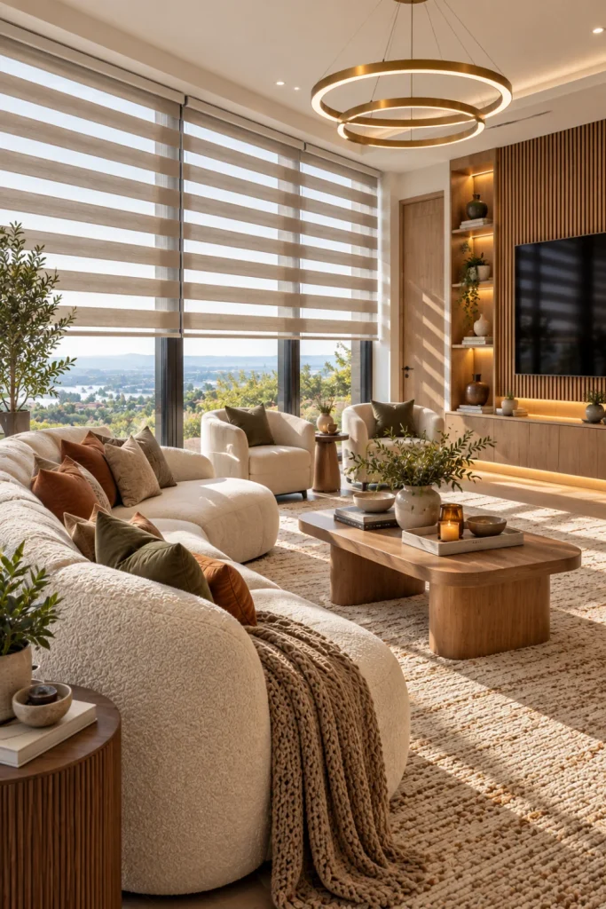 Sophisticated modern living room with dual-layer zebra shades in pale greige across expansive windows, sculptural cream sofa, oak furniture, textured area rug, contemporary TV wall, illuminated cabinetry, and layered luxury decor.