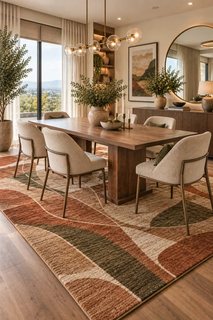 Warm modern dining room with an earth-tone rug in terracotta, caramel, sand, and olive, paired with natural wood furniture and elegant lighting.