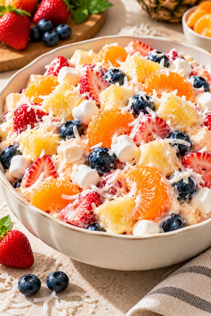 Easy ambrosia fruit salad with pineapple, mandarin oranges, berries, coconut, mini marshmallows, and creamy whipped topping served chilled in a modern bowl.