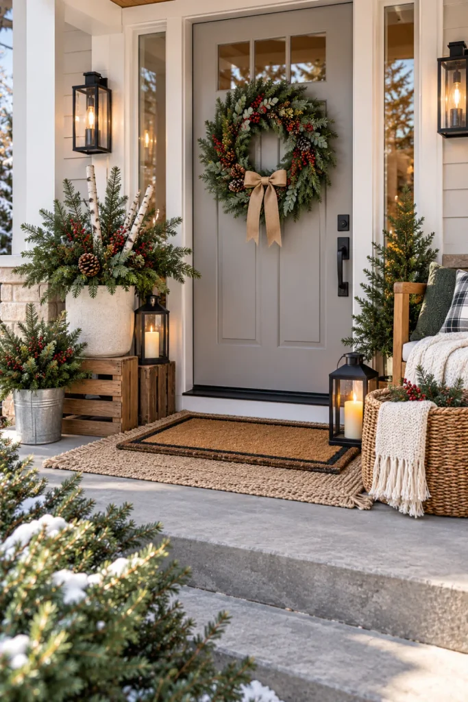 Budget-friendly winter front porch decorated with affordable greenery, blankets, baskets, lanterns, seasonal mats, and simple DIY accents.