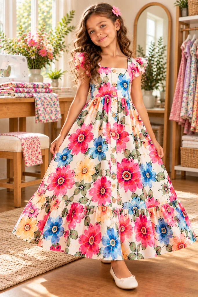 Girls' button-front floral maxi dress with neat front buttons, flowing skirt, and colorful modern floral fabric in a handmade sewing design.
