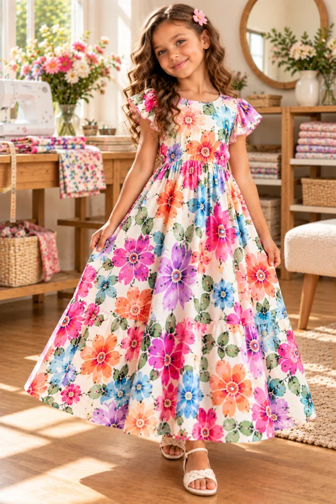 Beginner-friendly girls' elastic-waist floral maxi dress with comfortable gathered skirt and bright contemporary floral print.