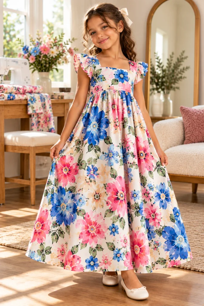 Girls empire waist floral maxi dress with raised waistline and long flowing skirt in a bright contemporary floral print, handmade sewing idea.