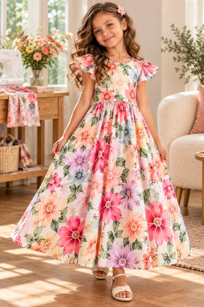 Cute girls' flutter sleeve floral maxi dress with a flowing skirt, delicate sleeves, and colorful contemporary floral print in a modern 2026 style.