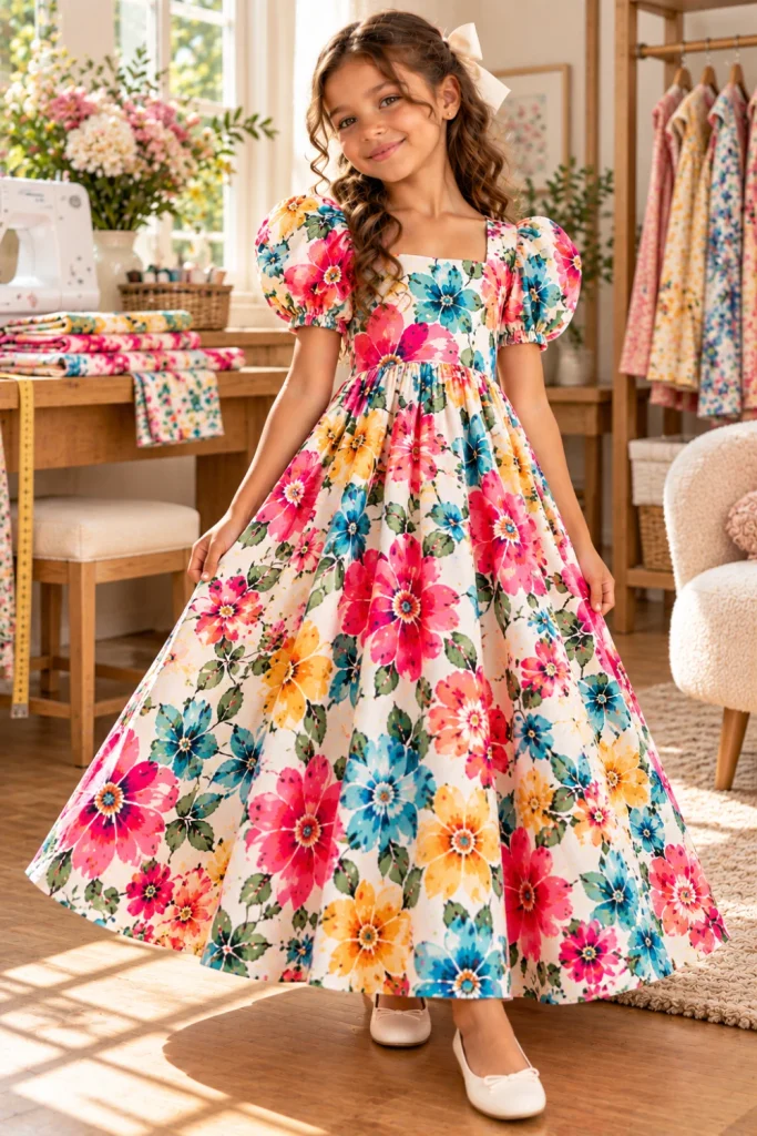 Cute girls' puff-sleeve floral maxi dress with voluminous sleeves, fitted bodice, and flowing full-length skirt in a colorful modern print.