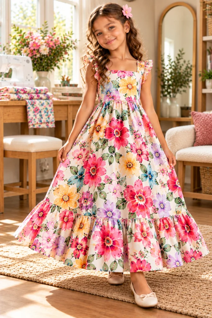 Girls' floral maxi dress with playful ruffle hem, gathered skirt, and vibrant modern floral fabric in a chic contemporary sewing design.