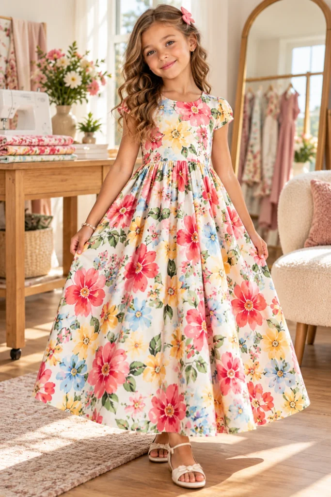 Simple gathered waist girls floral maxi dress with fitted bodice and flowing skirt in a bright modern floral print, handmade sewing design.
