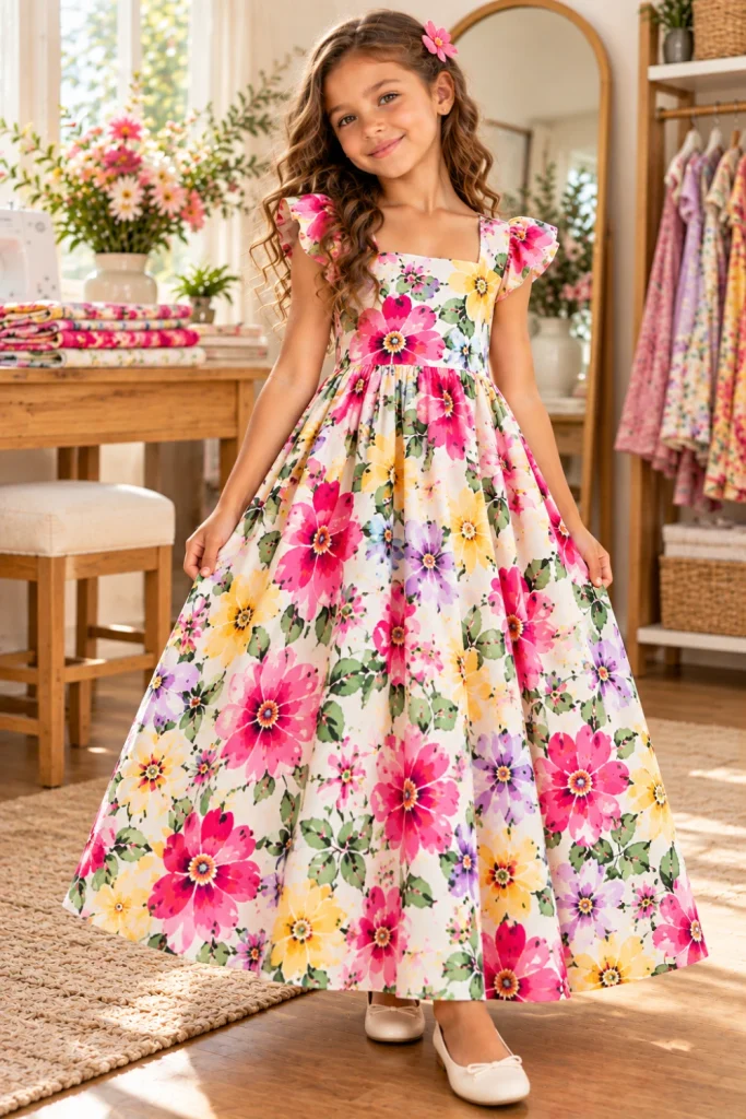 Modern girls' square-neck floral maxi dress with simple bodice and full gathered skirt in a chic colorful floral print, sewing pattern inspiration.