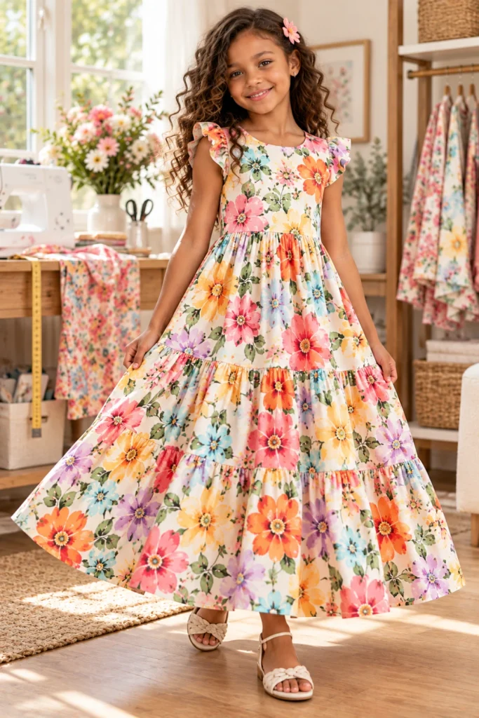 Trendy girls' tiered floral maxi dress with three flowing gathered skirt tiers in colorful modern fabric, photographed in a chic contemporary setting.