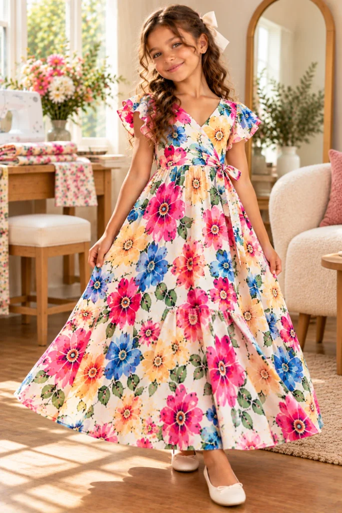 Girls' wrap-style floral maxi dress with overlapping faux-wrap bodice, flowing maxi skirt, and colorful contemporary floral fabric.