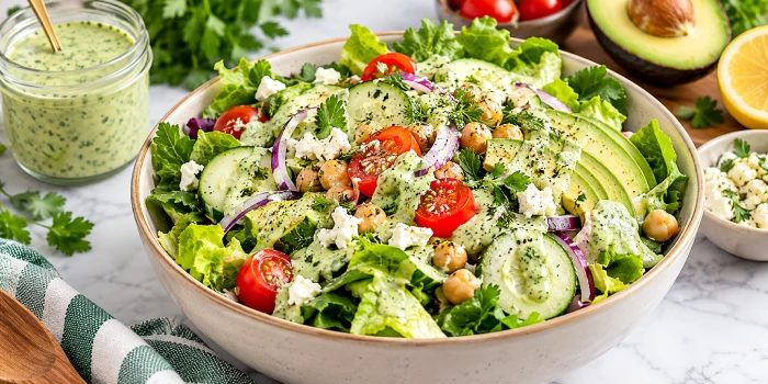 Easy Green Goddess Salad Ideas With Creamy Herb Dressing featuring fresh greens, avocado, cucumber, tomatoes, chickpeas, feta, and homemade herb dressing