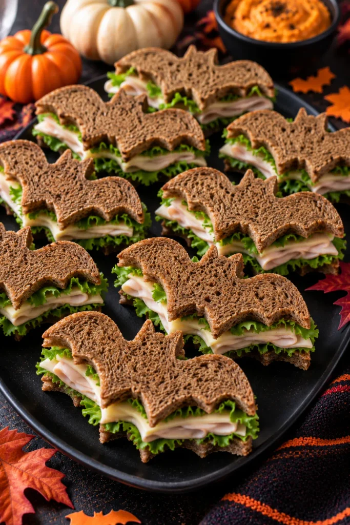 Bat-shaped turkey, cheese, and lettuce sandwiches arranged on a Halloween party platter with festive accents.