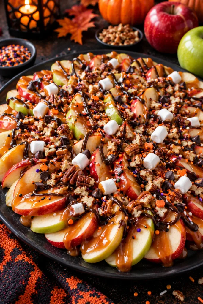 Caramel apple nachos layered with crisp apple slices, caramel, chocolate, nuts, and festive Halloween sprinkles.