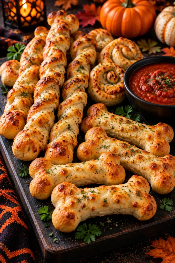 Golden cheesy Halloween breadsticks shaped into twists and bones with marinara dipping sauce on a festive platter.