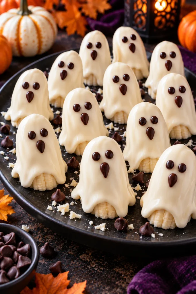 Ghost banana bites coated with white chocolate and decorated with chocolate chip faces for a Halloween party.