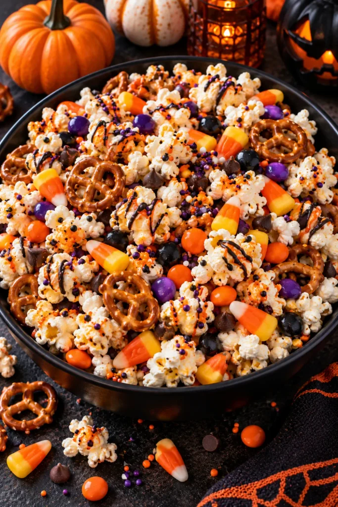 Colorful Halloween popcorn mix with pretzels, candy corn, chocolate candies, and festive sprinkles in a party bowl.