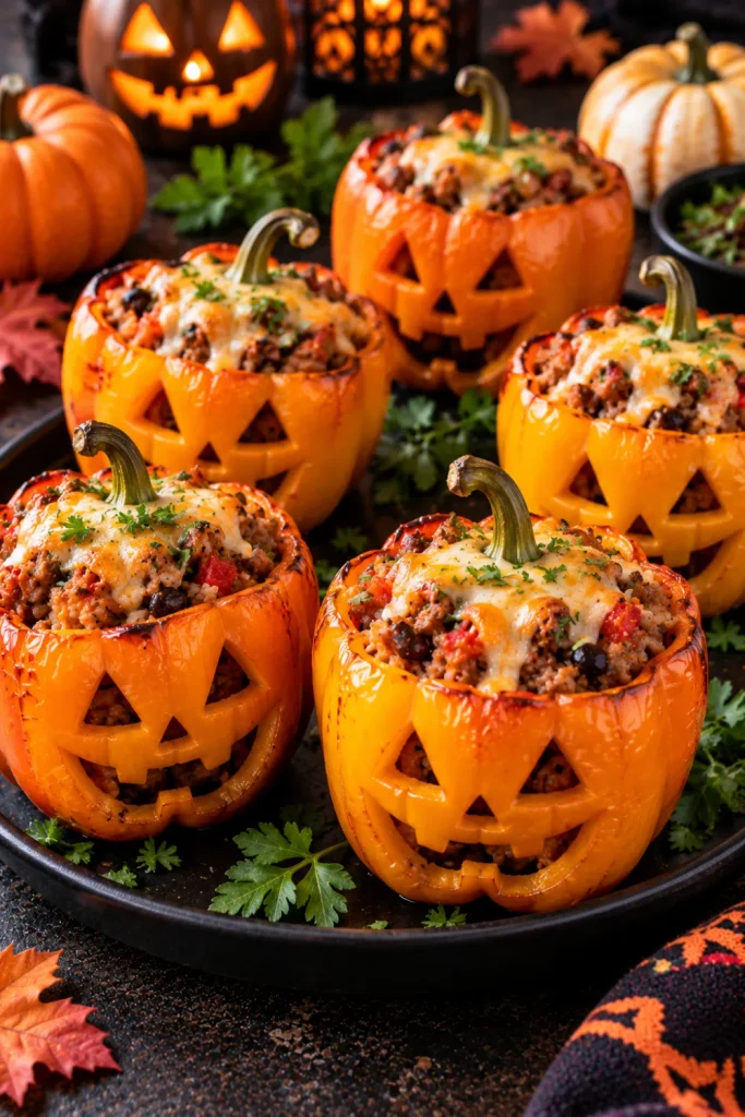 Mini jack-o'-lantern stuffed peppers filled with savory rice, meat, tomato sauce, and melted cheese.