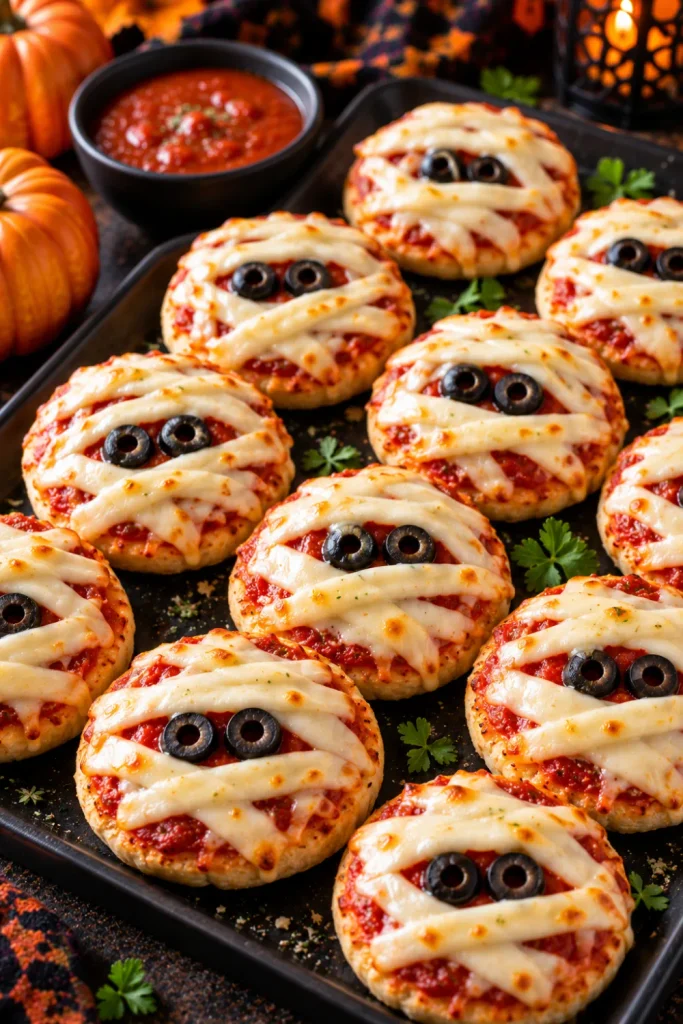 Mini mummy pizzas with tomato sauce, melted mozzarella strips, and olive eyes for a Halloween party appetizer.