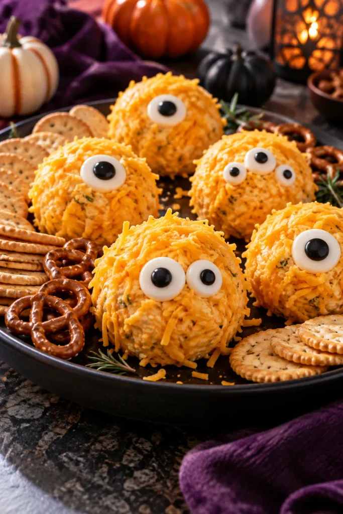 Monster cheese balls with cheddar coating, candy eyes, crackers, and Halloween party styling for easy Halloween snacks.