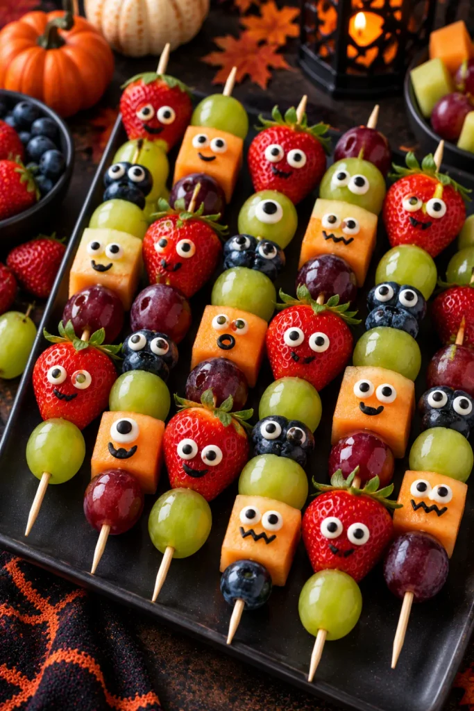 Colorful monster fruit skewers made with strawberries, grapes, melon, blueberries, and edible candy eyes.