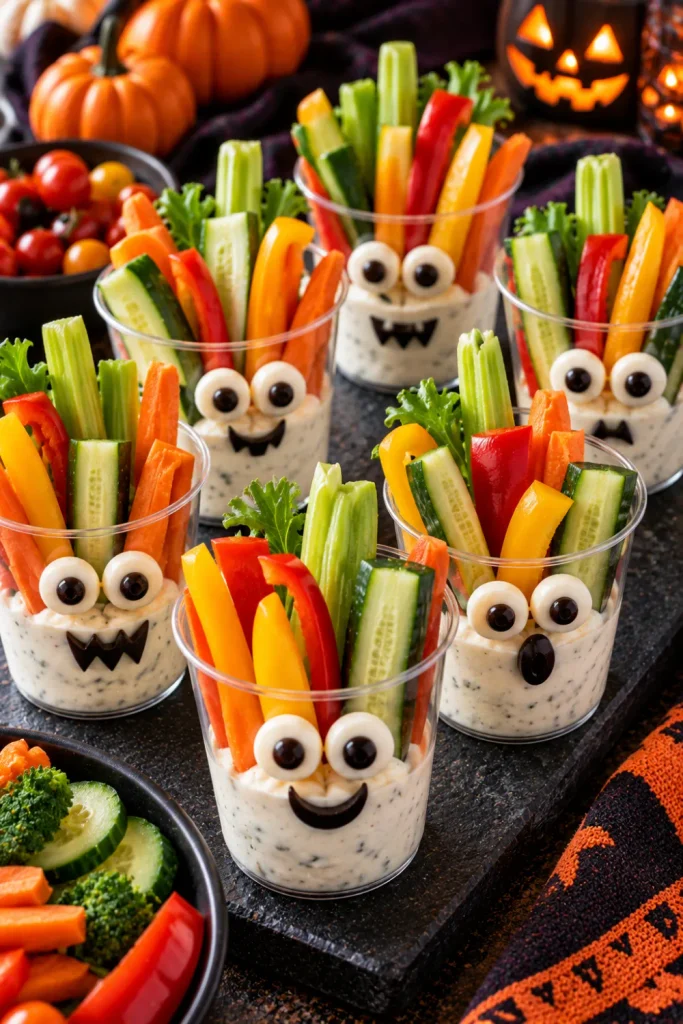 Colorful monster veggie cups filled with fresh vegetables and ranch dip for an easy Halloween party snack.