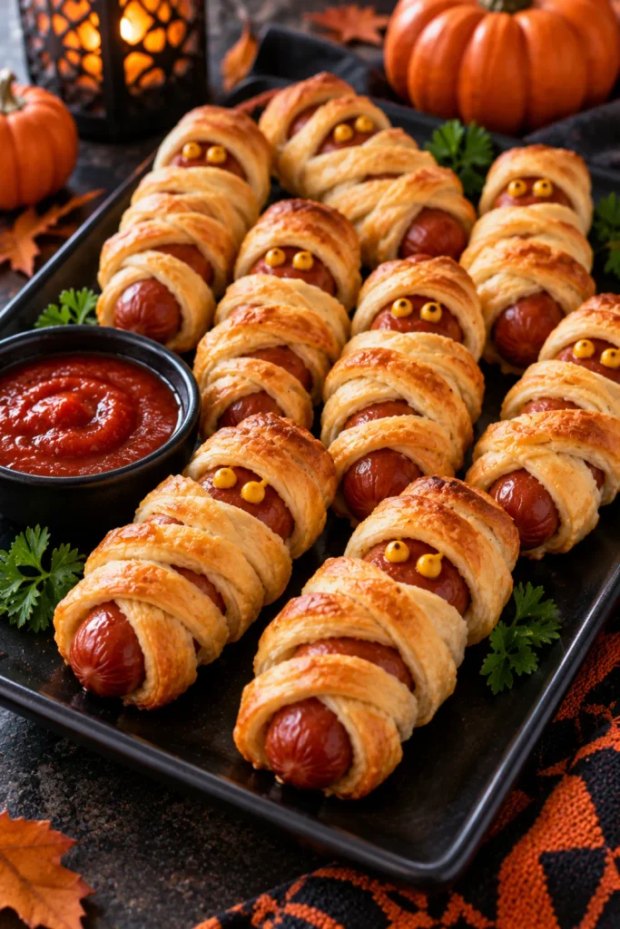 Mummy hot dogs wrapped in golden crescent dough with mustard eyes on a colorful Halloween party platter.