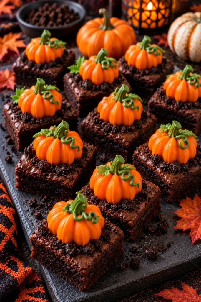 Pumpkin patch brownie bites decorated with orange frosting, green stems, and chocolate cookie crumbs for Halloween.