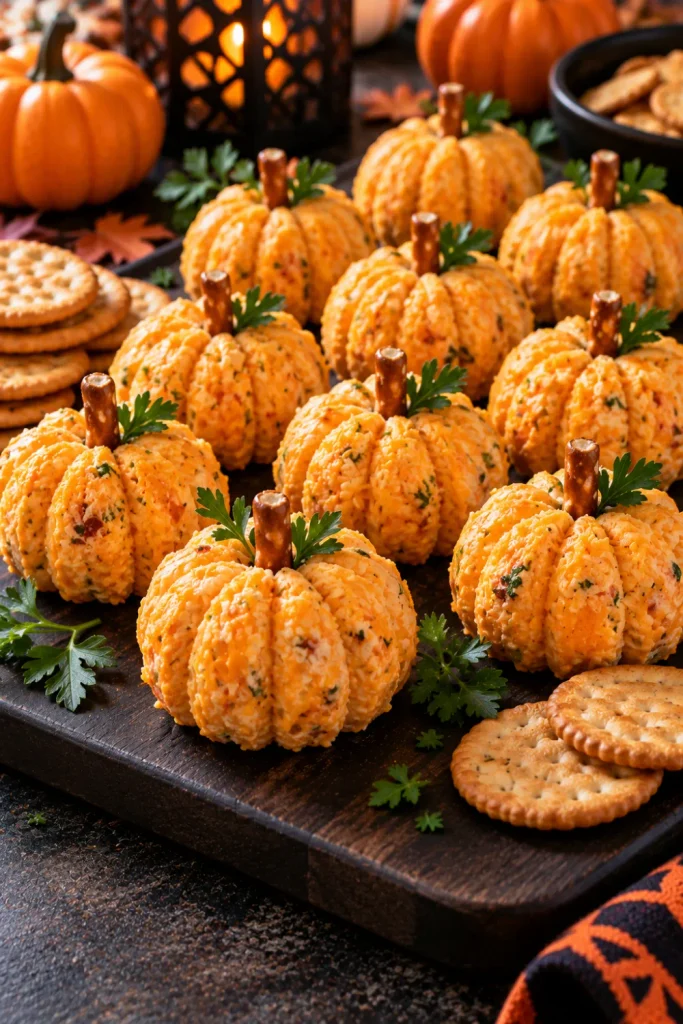 Pumpkin-shaped cheese bites with pretzel stems and fresh herbs arranged as colorful Halloween party appetizers.
