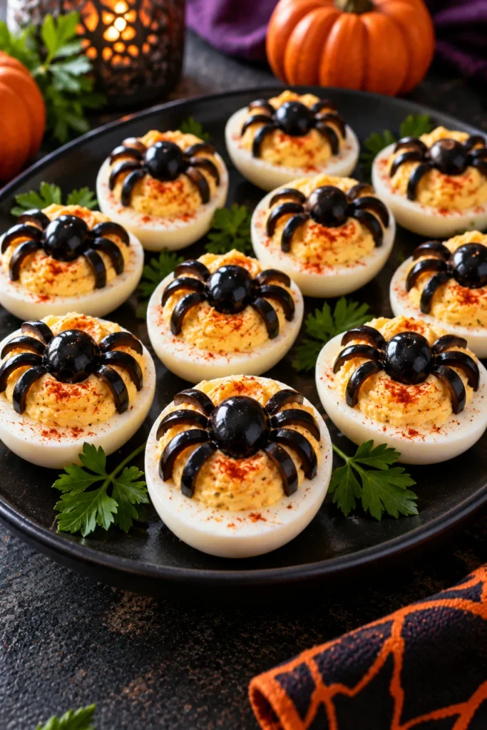Halloween spider deviled eggs topped with black olive spiders on a modern festive party platter.