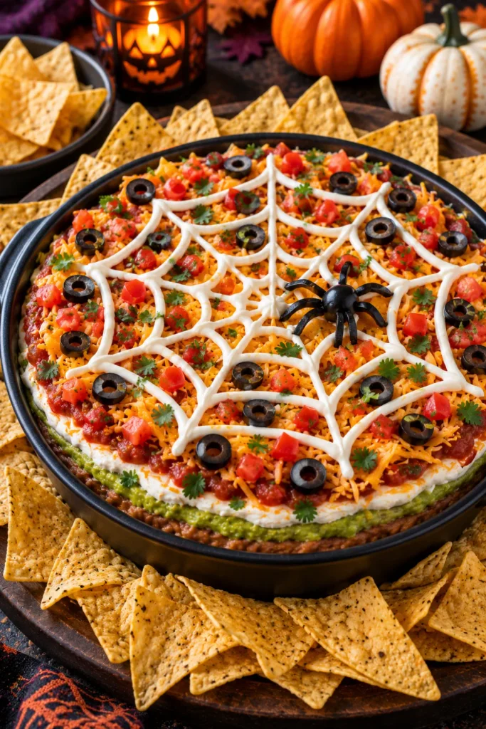 Spiderweb seven-layer dip topped with sour cream, web design, cheese, guacamole, salsa, olives, and tortilla chips.