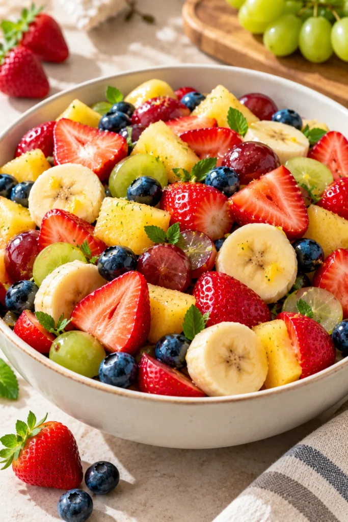 Easy strawberry banana fruit salad with strawberries, banana slices, grapes, blueberries, pineapple, and honey citrus dressing in a modern serving bowl.