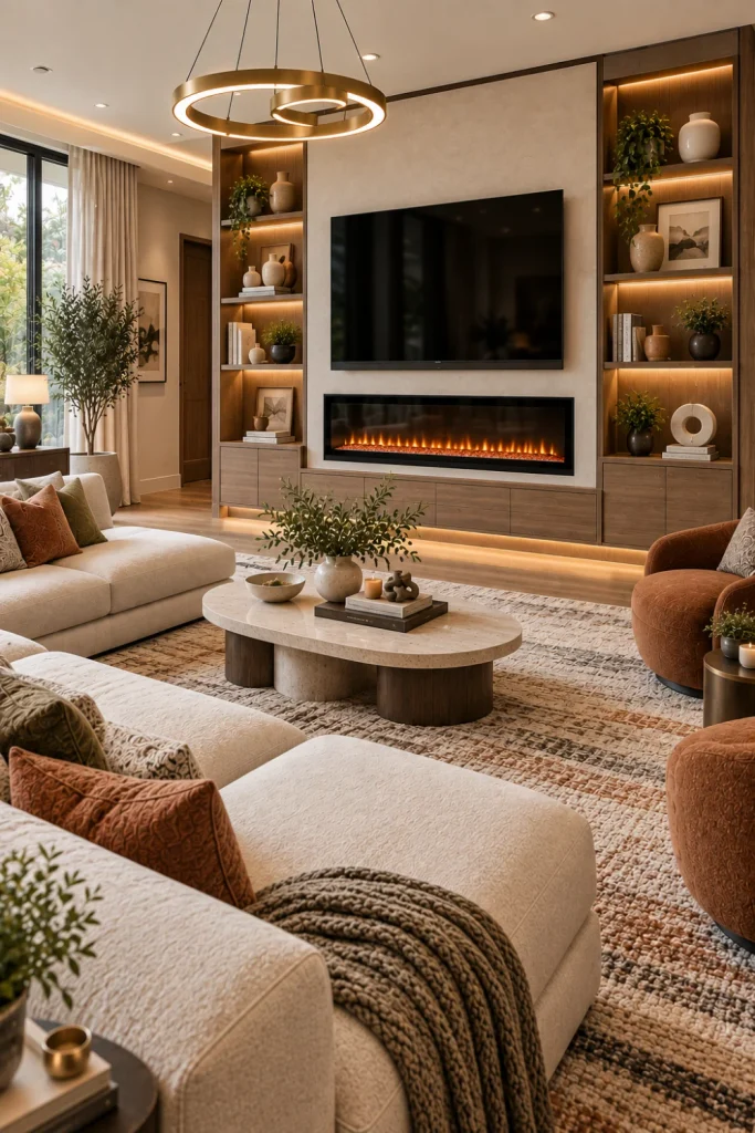 Electric fireplace with symmetrical built-in shelves, warm wood cabinetry, cream sectional, textured area rug, modern lighting, and stylish contemporary living room.
