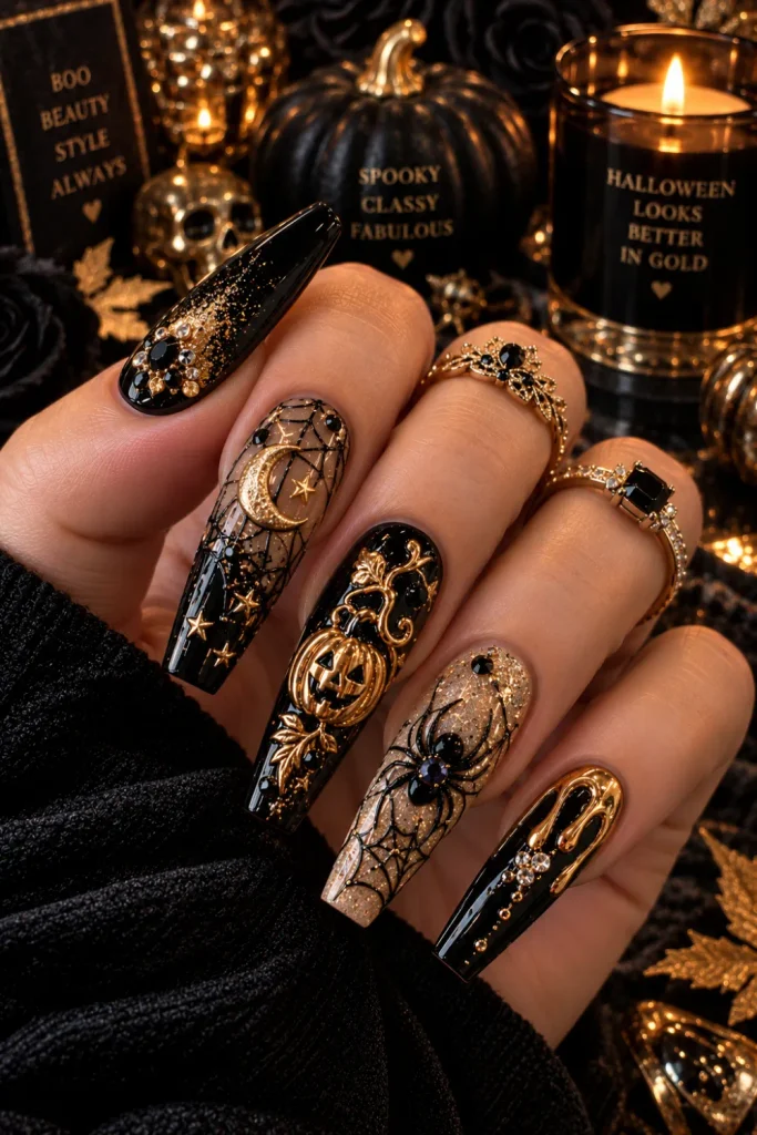 Elegant black and gold Halloween chunky nails with metallic gold accents, rhinestones, subtle pumpkins, moons, spiders, and luxurious glossy finishes.