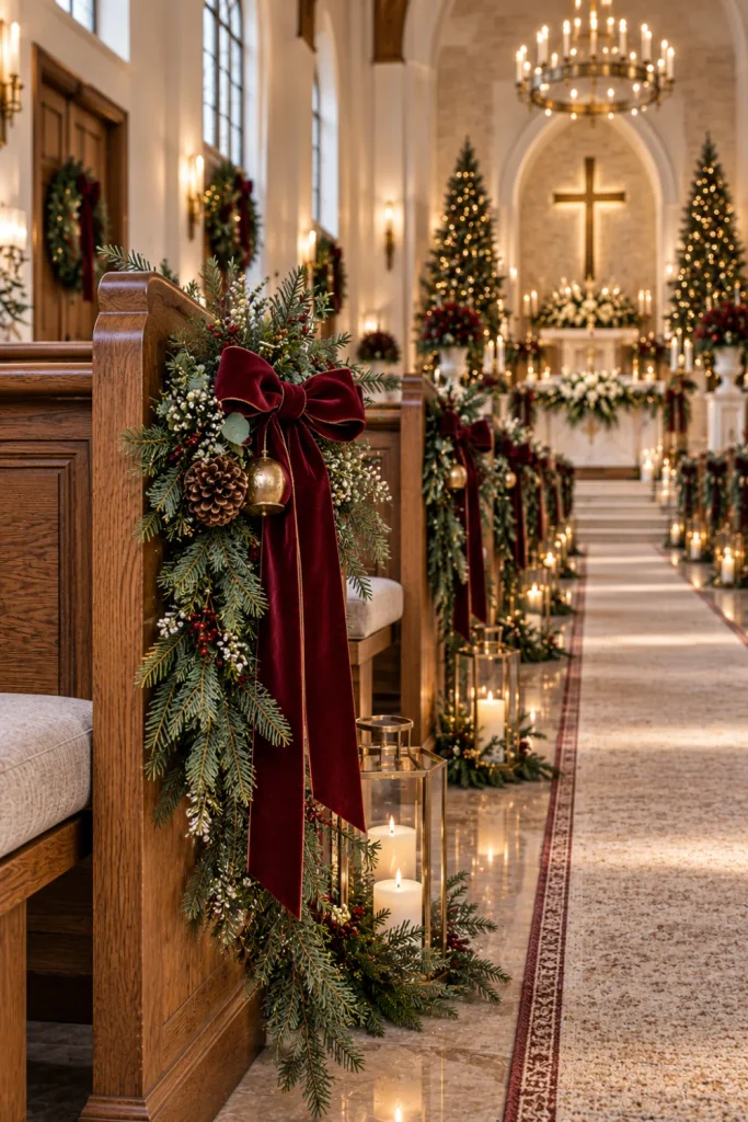 Elegant winter church pew styling with burgundy ribbons, evergreen greenery, pinecones, natural wood, and sophisticated modern accents.