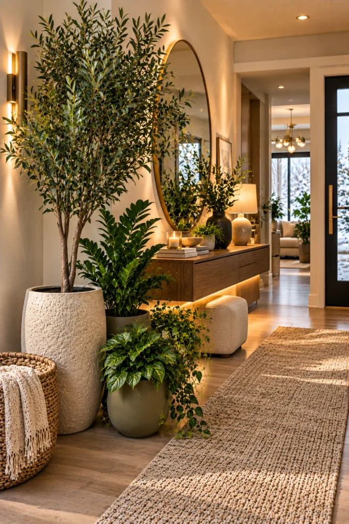 Elegant indoor garden entryway with tall plants, stylish planters, woven textures, modern cabinetry, mirrors, warm lighting, and contemporary winter decor.