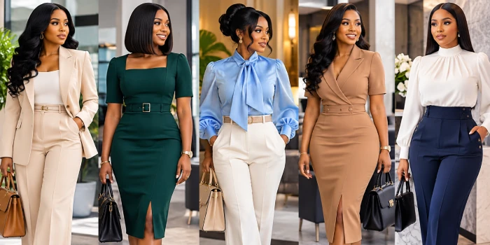 Elegant office dresses and tailored tops for women featuring polished, modern professional outfits in a chic contemporary office setting