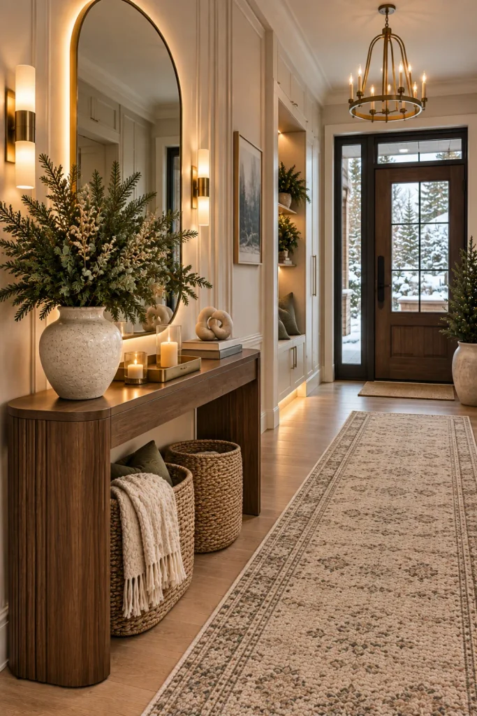 Elegant seasonal winter foyer with monochromatic décor, a large mirror, evergreen arrangement, candles, modern console, warm lighting, and sophisticated winter accents.