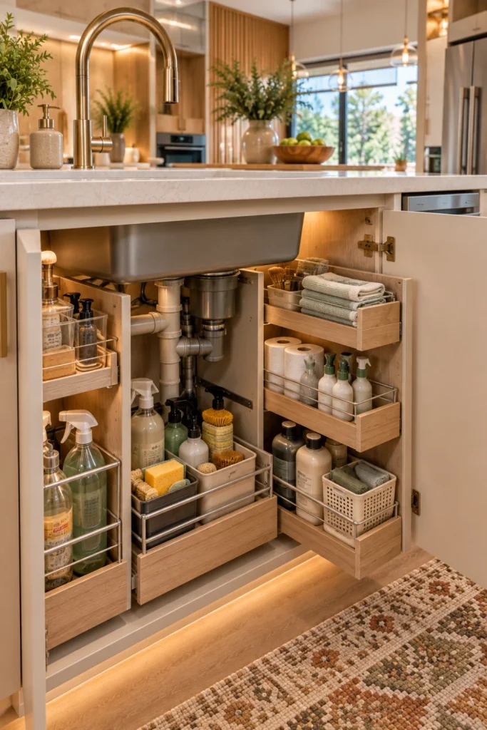 Elegant modern under-sink kitchen organizer with tiered shelves and pull-out baskets around plumbing, neatly storing cleaning supplies beneath a cream and wood contemporary kitchen sink.