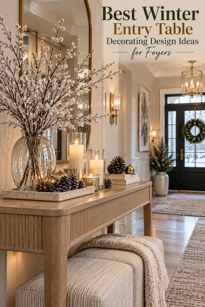 Elegant winter foyer entry table decorated with candles, pinecones, frosted branches, glass accents, and sophisticated seasonal decor.