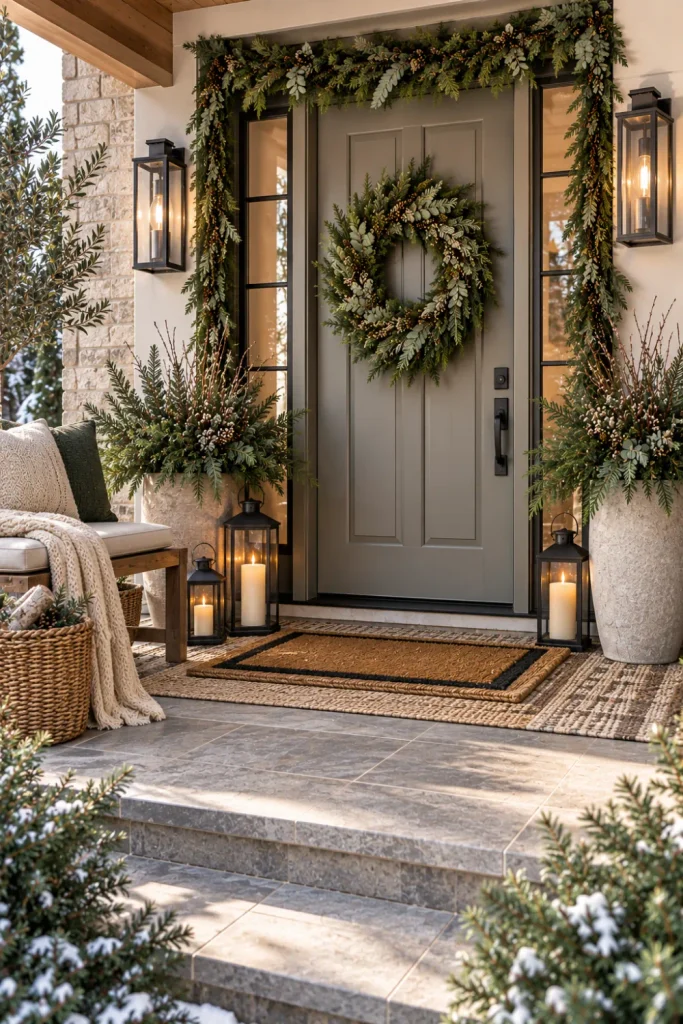 Elegant winter porch beyond Christmas with evergreen greenery, a classic wreath, warm lanterns, neutral colors, and natural textures.