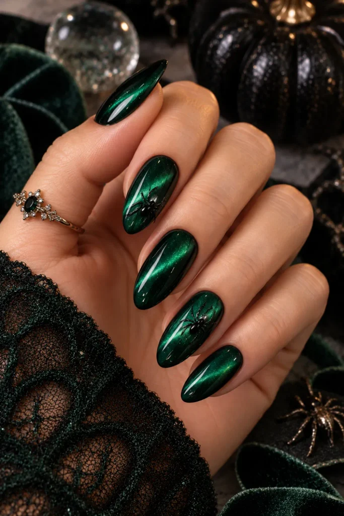 Emerald green cat-eye Halloween nails with glowing magnetic shimmer and tiny black spider accents, an elegant modern 2026 nail design.