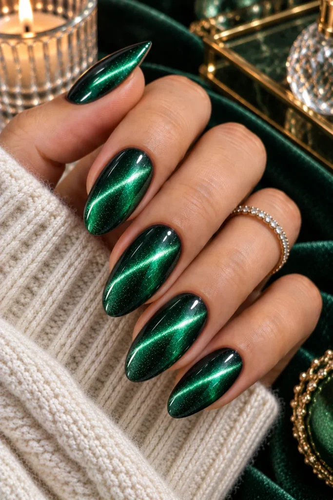 Emerald green cat-eye winter nails with rich jewel-tone magnetic shimmer, glossy almond shape, and luxurious modern styling.