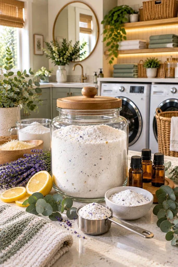 Elegant homemade scented laundry powder beside lavender, citrus, and eucalyptus essential oils in a stylish modern laundry room with a clean organized folding counter.