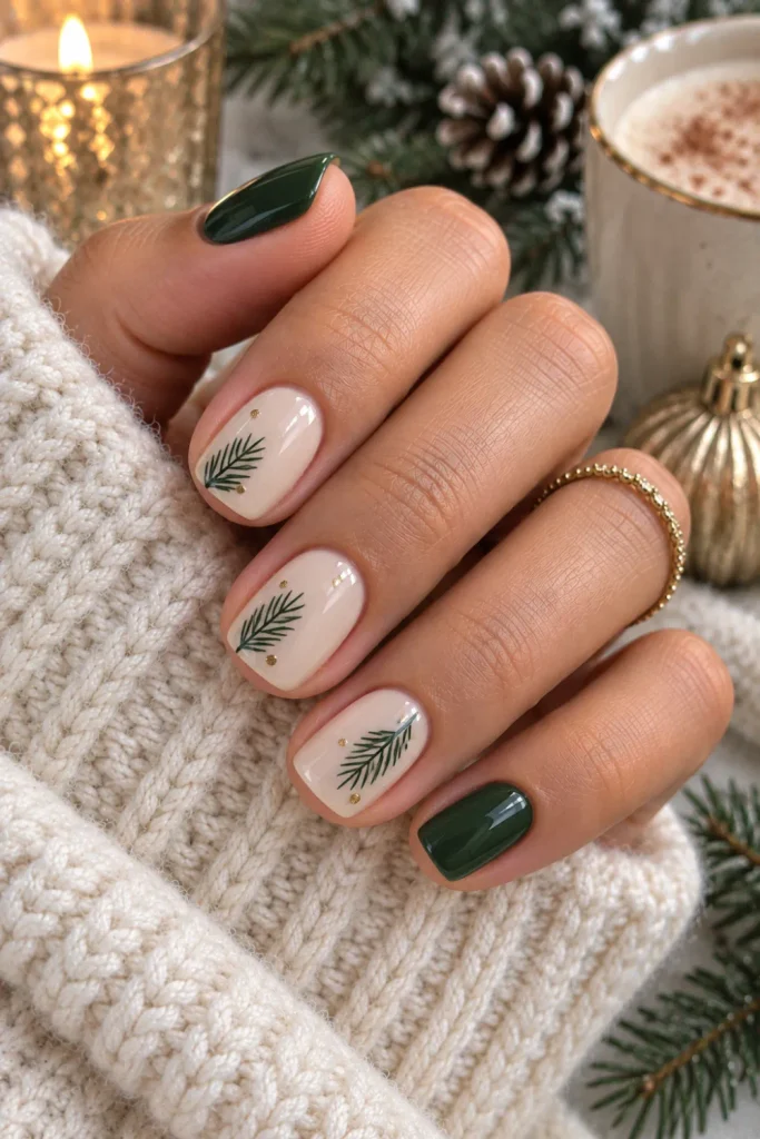 Minimalist evergreen winter nails with a neutral base, delicate green branch details, and chic short-nail styling for 2026.
