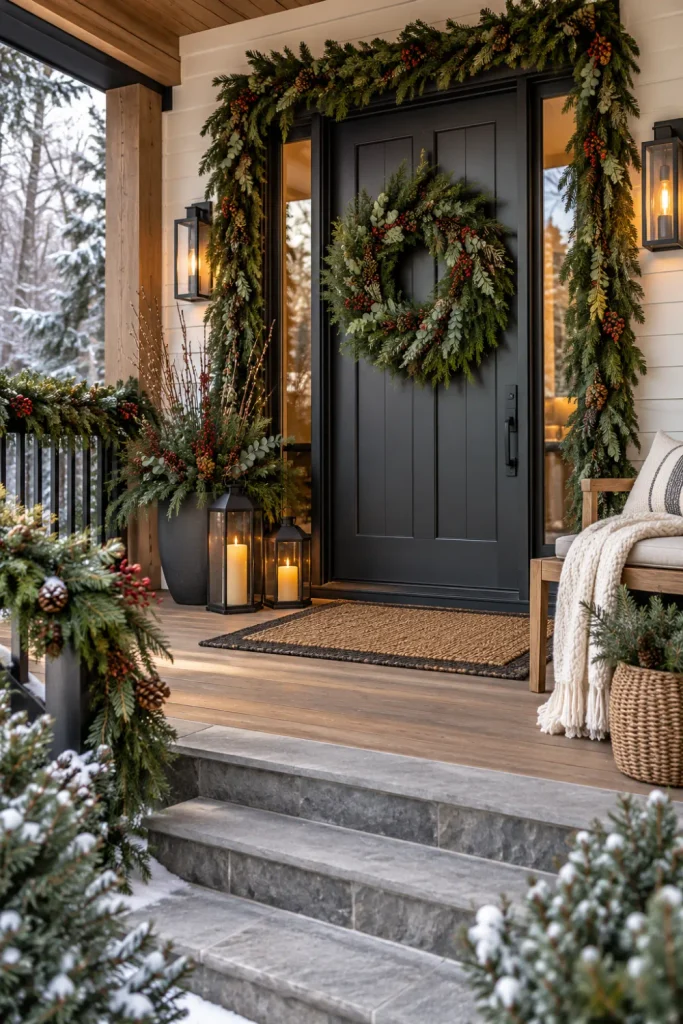 Elegant winter front porch with an evergreen wreath, pine garland, warm lanterns, natural wood accents, and cozy seasonal décor.