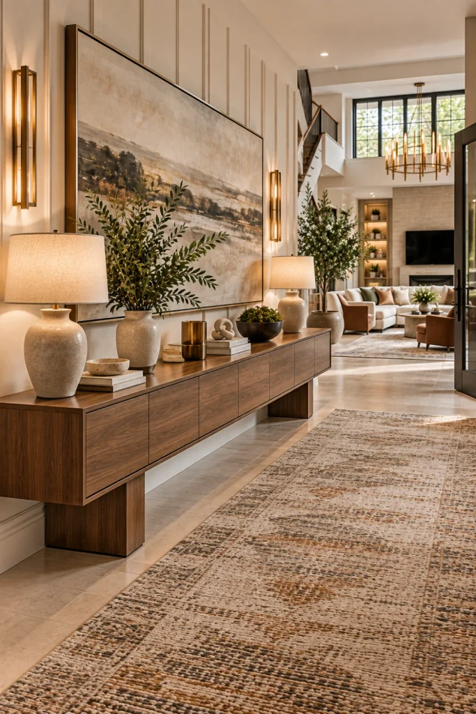 Extra-long modern console table anchoring a large open foyer with oversized artwork, a luxury rug, layered decor, integrated lighting, elegant seating, and contemporary living room styling.