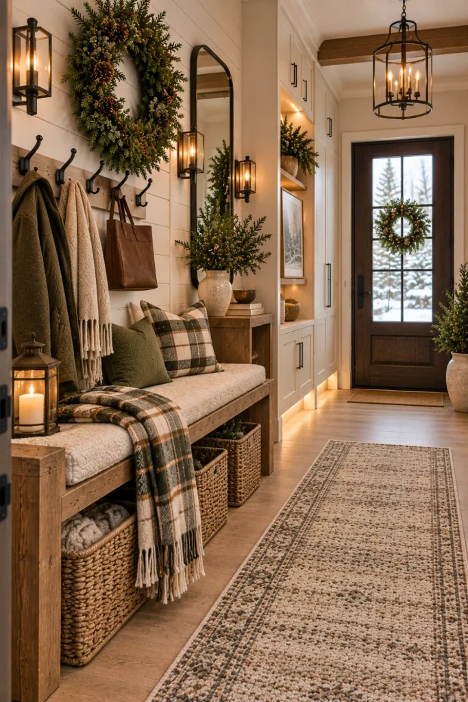 Modern farmhouse winter entryway with wood bench, coat hooks, woven baskets, greenery wreath, plaid throw, neutral runner, mirror, and warm lighting.