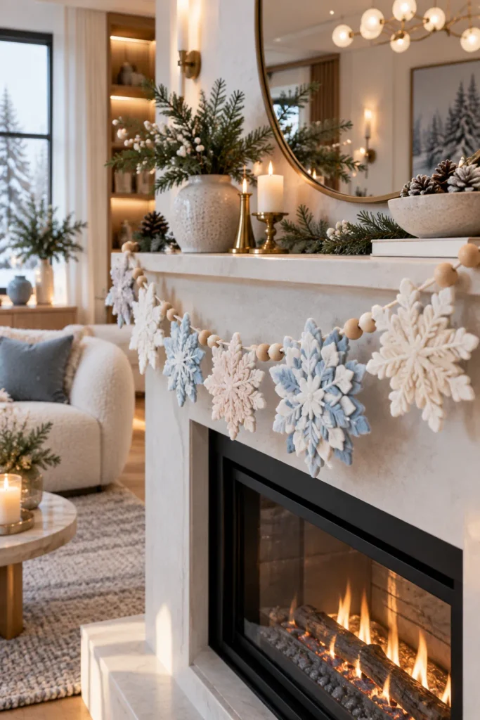 Handmade white felt snowflake garland with wood beads displayed across a modern winter mantel with soft lighting and chic 2026 home decor.